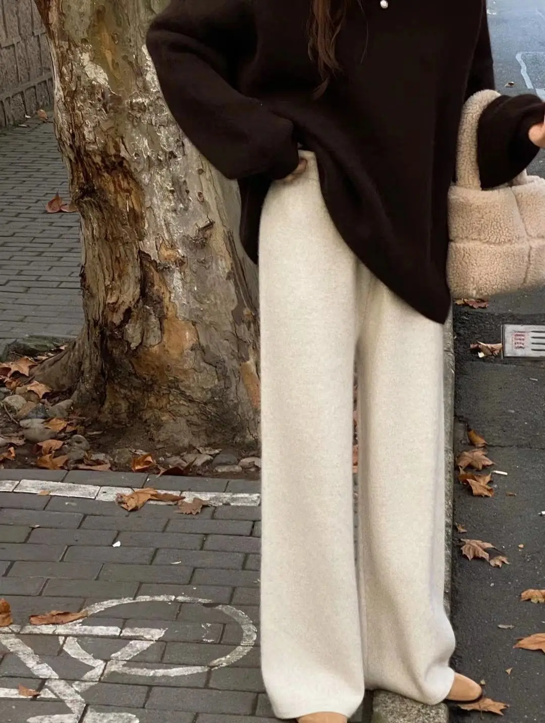 호주산 메리노 울 와이드 레그 팬츠 여성용 레이지 드레이프 니트 스트레이트 레그 롱 팬츠 가을 겨울 두꺼운 아우터웨어 팬츠