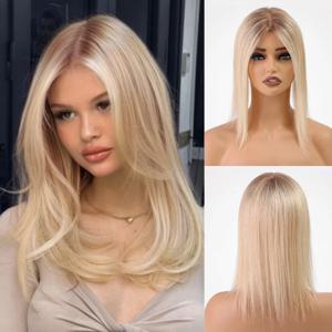 14 인치 금발에서 갈색 옹 브르 100% 인간의 머리카락 토퍼, 어두운 뿌리 중간 부분 레이스베이스 클립 헤어 피스 레미 확장