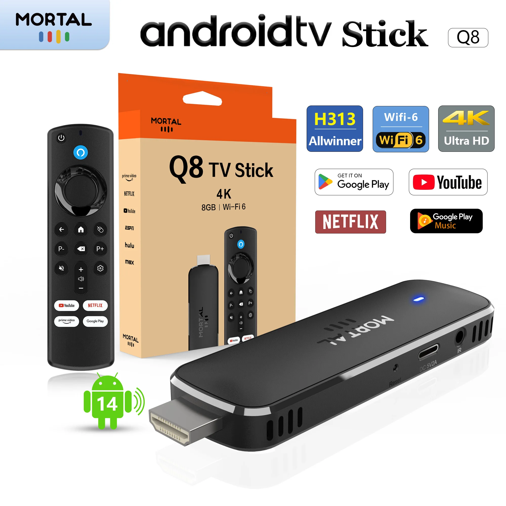 글로벌 버전 Android14 TV 스틱 홈 시어터 Allwinner H313 Mortal Q8 지원 4K@60fps Wifi6 블루투스 음성 리모컨 라이브 TV