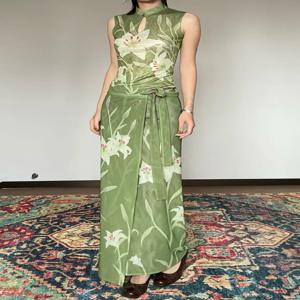 새로운 중국 스타일 백합 프린트 치파오 세트 양면 스탠드 칼라 치파오 슬림핏 투피스 의상 우아한 플로럴 드레스 보헤미안