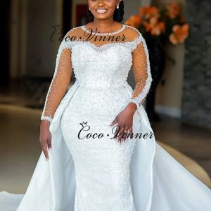 맞춤형 일루젼 슬리브 럭셔리 2 IN 1 머메이드 웨딩드레스 2025 신상 럭셔리 진주 비즈 브라이드 드레스 여성용 W1408