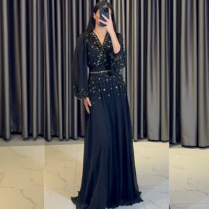 맞춤형 스파클 네트 스팽글 플리츠 A 라인 V 넥 롱 드레스 맞춤형 행사 중국 스타일 복잡한