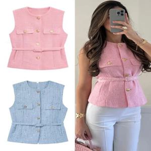 여성 우아한 솔리드 벨트 조끼 탑 O넥 메탈 버튼 민소매 조끼 오피스룩 캐주얼 블레이저 탑