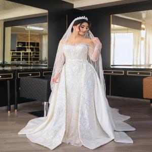 2025 럭셔리 레이스 스파클링 머메이드 웨딩드레스 두바이 스윗하트 탈부착 트레인 롱 슬리브 브라이덜 드레스 맞춤 제작