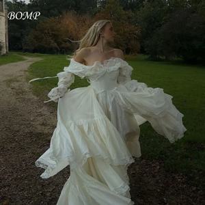 BOMP 공주 웨딩 파티 드레스 오프 숄더 풀 슬리브 드레이프 a 라인 바닥 길이 새틴 이브닝 가운 맞춤형 Pastrol