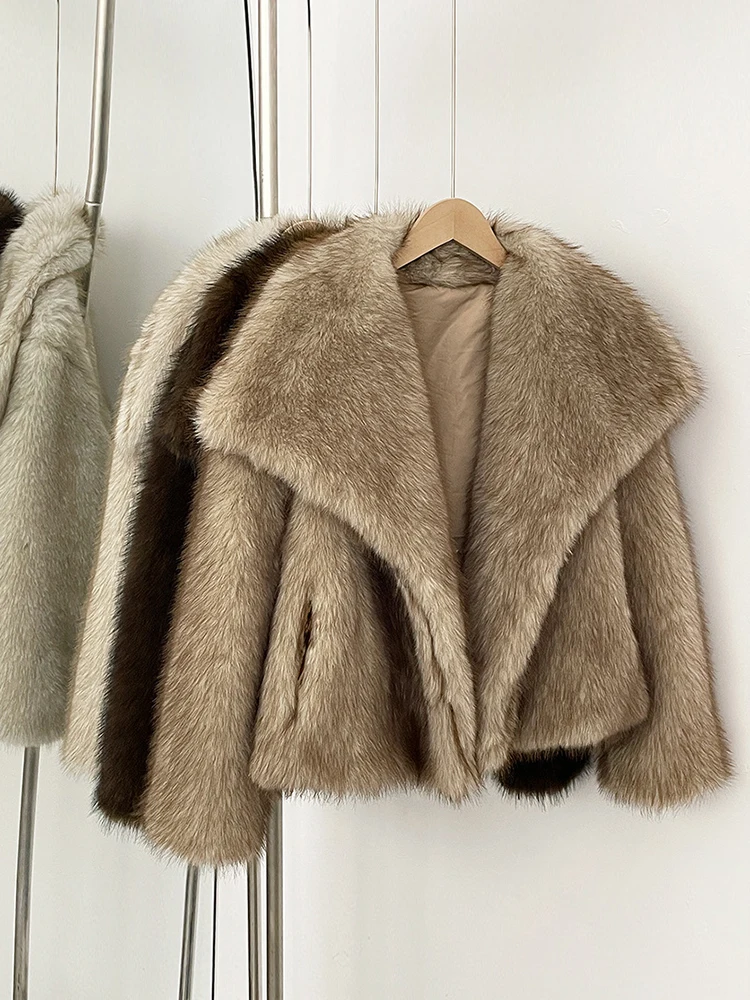 Aynaray 2025 가을 겨울 여성 가짜 모피 자켓 솔리드 카키 긴 소매 두꺼운 따뜻한 아웃웨어 여성용 여성용 푹신한 코트