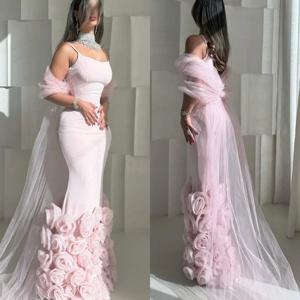 맞춤형 패션 저지 플리츠 플라워 인어 스파게티 스트랩 롱 드레스 맞춤형 행사 연예인 중국 스타일