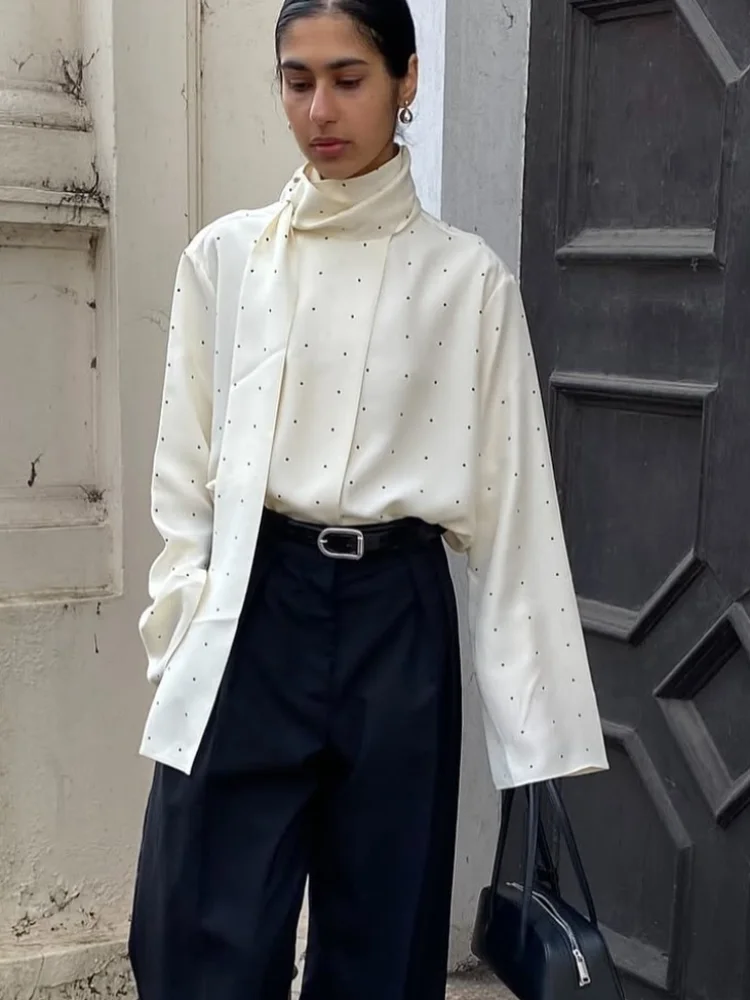 새틴 스카프 넥 물방울 무늬 프린팅 여성 블라우스 패션 긴팔 루즈핏 베이직 셔츠 여성 가을 신상 하이스트릿 출퇴근룩