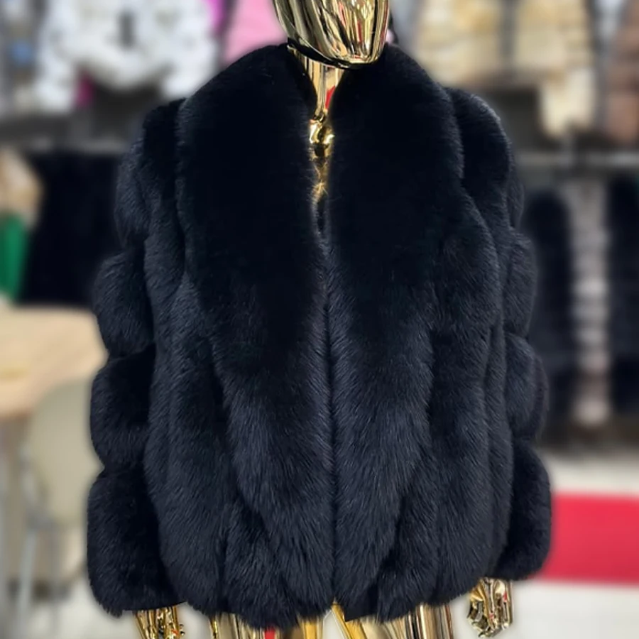 진짜 여우털 칼라 코트, 정품 퍼 아우터 여성 겨울 블랙 숏 여우털 재킷 고품질 천연 퍼 재킷