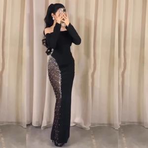 맞춤형 우아한 저지 스팽글 플리츠 컬럼 오프 숄더 롱 드레스 맞춤형 행사 저녁 중국 스타일