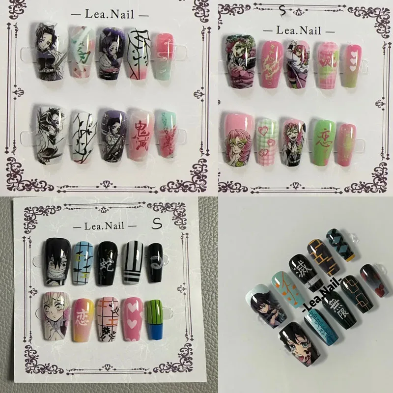 악마 슬레이어 짧은 사다리 네일 아트 네즈코 탄지로 미츠리 매니큐어 토키토우 네일 소녀 장식 쥬얼리 패치 생일 선물