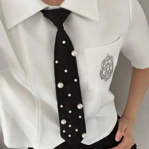 새로운 한국 진주 비즈 블랙 타이 JK 블랙 초커 핸드 비즈 롱 넥타이 태슬 목걸이 장식 셔츠 타이 여성용
