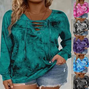 플러스 사이즈 여성용 타이다이 프린트 긴팔 티셔츠 폴리에스터 니트 원단 우아한 레이스업 캐주얼하고 편안함