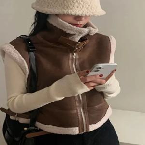 여성용 스웨이드 조끼 재킷 겨울 한국 스타일 레트로 루즈 칼라 원피스 퍼 가죽 아우터웨어 다용도 패셔너블