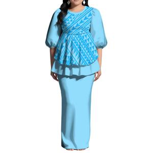 하와이안 스타일 디자인 여성 퍼프 소매 백 슬릿 드레스 맞춤형 통가 풀레타시 O넥 러플 드레스 2피스 롱 탑과 스커트