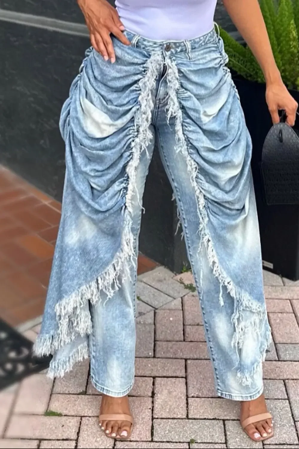 데일리 블루 포켓 주름진 프레이드 트림 캐주얼 콘트라스트 데님 진 하이 스트리트 빈티지 캐주얼 비대칭 데님 바지 여성용
