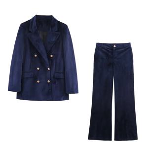 2025 겨울 신상 여성 캐주얼 패셔너블 심플 더블 브레스티드 라펠 긴소매 벨벳 블레이저 + 플레어 팬츠