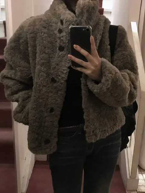 한국 스타일 스탠드 칼라 따뜻한 짧은 양털 재킷 여성용 가을 겨울 싱글 버튼 코트 슬림핏 대학 스타일 아우터웨어