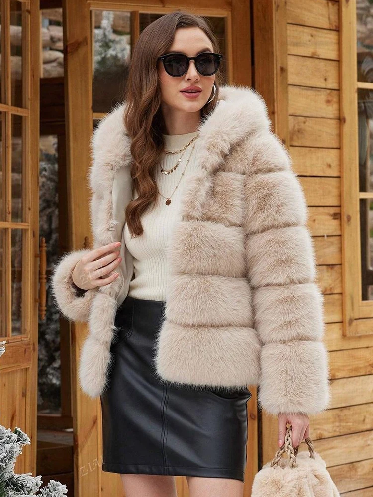 ZADORIN 겨울 두꺼운 따뜻한 푹신한 가짜 모피 코트 여성 모피 후드 긴 소매 가짜 모피 자켓 럭셔리 모피 코트 여성 겉옷
