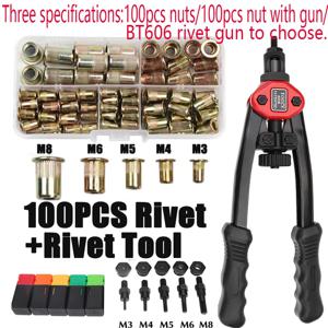 100pcs 리벳 너트 + 핸드 스레드 리벳 너트 건 BT606 M3 M4 M5 M6 M8 이중 삽입 수동 리베 터 건 리벳 팅 리브 너트 리벳 도구