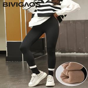 BIVIGAOS 여성 가을 ​​겨울 두꺼운 알파카 벨벳 블랙 상어 레깅스 하이 웨이스트 슬림 매끄러운 양털 따뜻한 레깅스