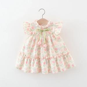 소녀 원피스 튤립 만화 토끼 프린트 작은 플라잉 슬리브, 꽃 목 활 리본, 튤립 꽃 패턴, 여름 하드웨어