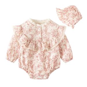 2024 새로운 가을 0-24M 어린이 옷 한국 스타일 등산 양복 긴 소매 면화 인쇄 유아 아기 소녀 Romper + 모자