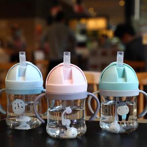 250 ml 밀짚 컵 귀여운 만화 병 아기 물병 어린이 병 동물 인쇄 훈련 컵 소년과 소녀 거꾸로 물