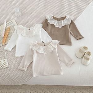 여아용 자수 꽃 연꽃 칼라 셔츠, 심플한 속옷, 0-3T, 가을, 신상