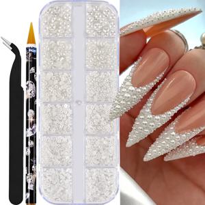 12 그리드 하프 라운드 진주 비즈 3D 네일 참 1.5/2/2.5/3/4/5mm 화이트 플랫 백 진주 네일 쥬얼리 네일 공예 진주 라인 석