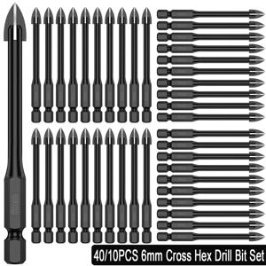 40/10PCS 6mm 크로스 16 진수 드릴 비트 세트 유리 세라믹 타일 벽 콘크리트 드릴링에 대 한 타일 도자기 펀치 구멍 드릴 비트
