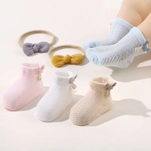 아기용 부드러운 양말 머리띠, 솔리드 코튼, 여아용 통기성 양말, 귀여운 리본, 유아 의류 액세서리, 0-1 세, 1 세트