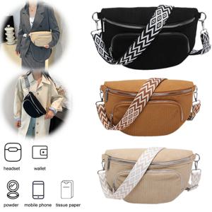 코듀로이 체스트 백 패니 팩 와이드 기타 스트랩 캐주얼 웨이스트 백, 멀티 포켓 호보 슬링백, 야외 여행 가방