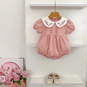 0-3Yrs 유아 아기 소녀 Rompers 자수 Bodysuit 소녀 Jumpsuits 공주 소녀 핑크 그리드 Rompers 유아 여름 의류