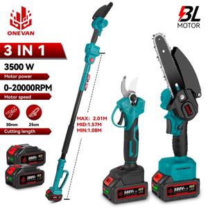 ONEVAN 3 IN 1 브러시리스 텔레스코픽 폴 전기 전기 톱 3500W 21V 18V 배터리 용 하이 브랜치 가위 원예 전동 공구