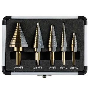 5Pcs 사다리 드릴 인치 구운 노란색 질화 드릴 삼각형 생크 스트레이트 그루브 파고다 드릴 스텝 드릴 비트 알루미늄 상자