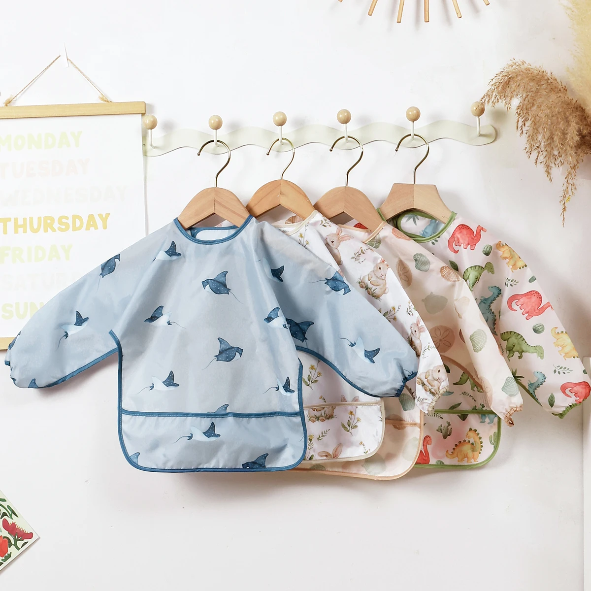 Elinfant 1PC 긴 소매 턱받이, 방수 먹이 턱받이, 빨 수 있는 트림 천, 작업복 턱받이, 청소가 용이함, 세탁이 필요 없는 먹는 턱받이