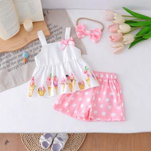 2025 여름 신상품 유아 여아 아이스크림 프린트 스트랩 탑, 폴카 도트 반바지, 캐주얼 홀리데이 투피스 세트
