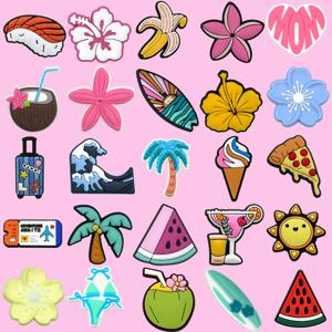 1/25pcs 핑크 꽃 심장 수박 구두 매력 여성을위한 비행기 티켓 수하물 구두 장식 핀 피자 바나나 방해물 청바지