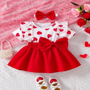 여자 아기 봄과 여름 사랑 구덩이 줄무늬 전체 인쇄 라운드 넥 프릴 가장자리 디자인 반팔 가짜 투피스 허리와 측면