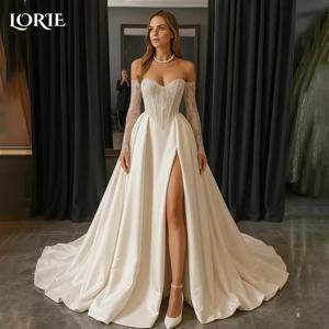 LORIE 빈티지 레이스 웨딩 드레스 아플리케 오프 어깨 백리스 슬릿 긴 소매 신부 가운 공주 신부 드레스 맞춤형