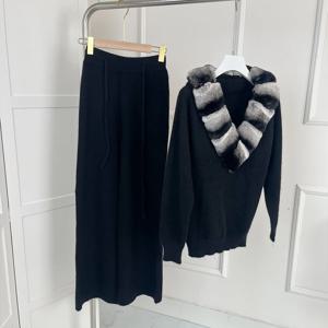 여성을위한 진짜 모피 스웨터 정품 친칠라 렉스 토끼 모피 칼라 양모 캐시미어 스웨터 정장 검은 바지