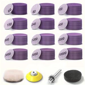 2인치 샌딩 디스크 124개, 습식 및 건식 훅앤루프 사포 60~10000 그릿, 백킹 패드 및 인터페이스 패드 포함 (자동차, 금속, 목재용)