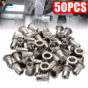 50개 리벳 너트 M3-M12 나사 304 스테인리스 스틸 플랫 헤드 리벳 너트 인서트 너트 핸드 리벳 너트 건 헤드 수동 리베터 공구 키트