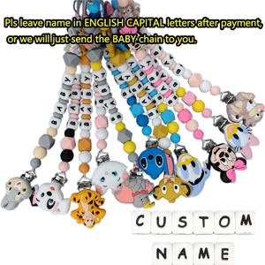 1PC 맞춤형 이름 미니 마우스 마리 고양이 덤보 미스 버니 실리콘 비즈 스티치 젖꼭지 클립 체인 홀더 치아 발달 체인