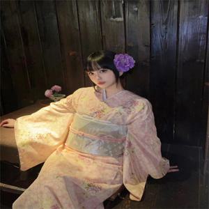 전통 일본식 기모노 스타일 핑크 목욕 가운 사진 촬영 의상 여성 민족 의상 무대 의상 폴리에스터 원단