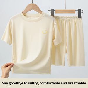 아동용 아이스 실크 잠옷, 여름용 얇은 반팔 반바지, 큰 소년 소녀 가정 의류 세트, 2 피스 세트