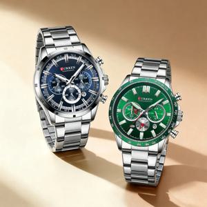 스테인리스 스틸 밴드가 있는 CURREN 남성용 크로노그래프 시계 남성용 자동 날짜용 패션 스포츠 쿼츠 손목시계