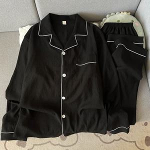 대형 사이즈 순면 원사 남성용 잠옷 봄과 가을 긴 소매 심플 블랙 나이트웨어 홈웨어 청소년 파자마 세트