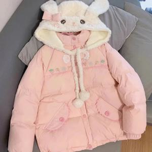 핑크 카와이 로리타 스타일 여성 파카 일본 귀여운 자수 토끼 귀 후드 재킷 루즈 플러시 벨벳 안감 다운 패딩 코트